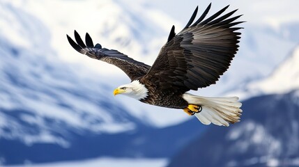 Fototapeta premium A majestic bald eagle soaring through the sky, its sharp eyes scanning the ground below.