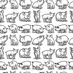 Obraz premium Seamless pattern-sketch of a pig. Different poses of a sitting, standing pig. Vintage illustration. Element for design of fabric, packaging and postcard.
