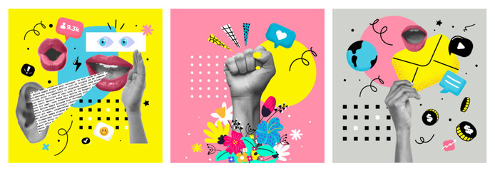 Digital Marketing. Contemporary art collage made of shots of hands and mouth, creative marketing isolated over background, Concept of art, finance, career, co-workers, team. vector illustration
