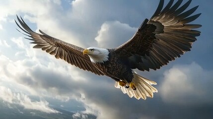 Fototapeta premium A majestic bald eagle soaring through the sky, its sharp eyes scanning the ground below.