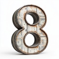 3D number 8 with dollar texture realistic modern design, soft lighting, white background. 