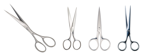 Four pairs of stainless steel scissors arranged on a white background.
