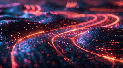 Vibrant abstract and futuristic fractal and neon light background with colorful energy flow and particle animation effect  Glowing shiny and luminous digital with blurred and bokeh lighting design