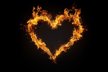 Flames shaped like a heart flicker gently against a pitch-black background