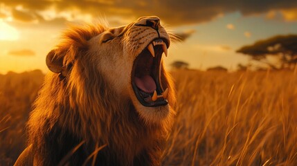 A majestic lion roaring in the African savanna.