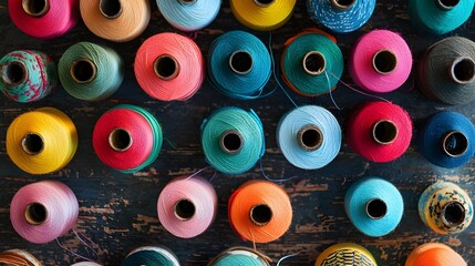 Fototapeta premium Neatly Arranged Colorful Spools of Thread on a Sewing Table Photographed from Overhead