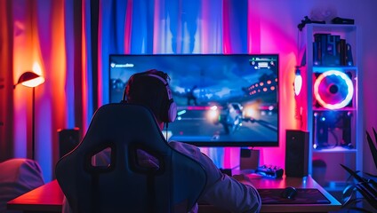 Professional gamer playing online video games on a powerful powerful powerful powerful computer. - Generated AI