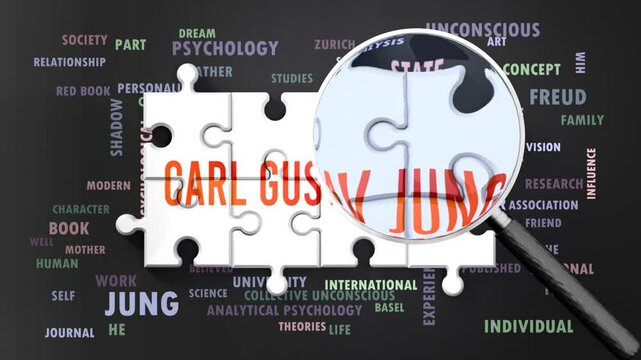 Carl Gustav Jung under magnifying glass, being researched, studied and examined. Most important subjects and ideas closely related to carl gustav jung written around a puzzle.Can be looped.