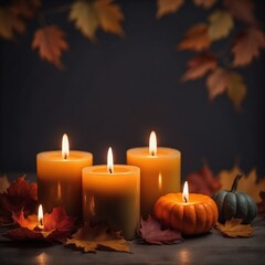 Thanksgiving day holidays concept theme pumpkin candle autumn leaves dark background photography