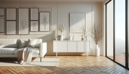 A modern minimalist living room interior, a white lacquered sideboard with geometrically arranged framed artworks placed on top, parquet herringbone hardwood flooring, a white armchair, gray accent wa