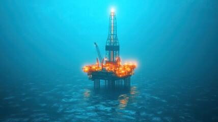 Obraz premium An illuminated offshore oil rig in deep blue water, showcasing energy exploration and modern industry beneath the ocean surface.