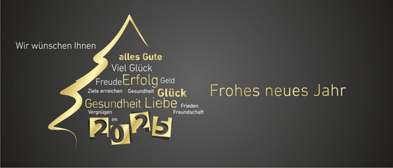 Happy New Year 2025 eve golden negative space numbers with abstract christmas tree German language word cloud black background vector greeting card. 2025 gift under the christmas tree