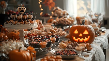 Festive Halloween Table Decor with Pumpkins Treats and Seasonal Arrangements