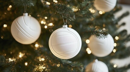 Volleyball-themed Christmas ornaments decorate a festive tree during the holiday season