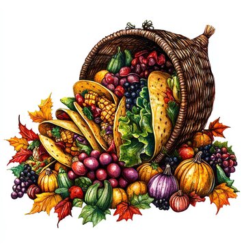 tacos spilling from cornucopia, autumn harvest clip art preview