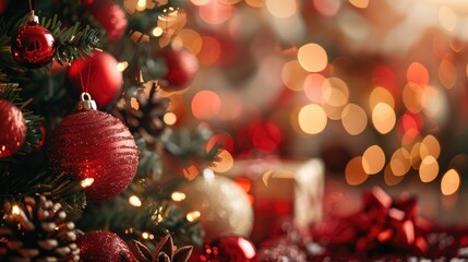 Obraz premium decorated Christmas tree in front of Christmas celebration and New year party with bokeh light background.