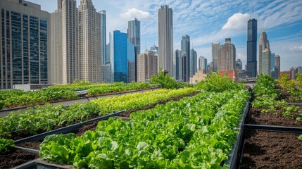 Fototapeta premium Rooftop Urban Oasis, a vibrant farm flourishing atop a commercial building, lush greenery contrasting with towering city skyscrapers in a bustling metropolitan landscape.