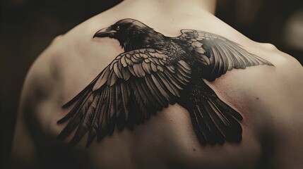 Fototapeta premium Exquisite Raven Tattoo Design in High Contrast on Shoulder