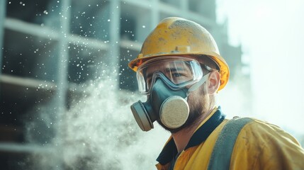 Obraz premium Construction worker in high quality dust mask amidst floating glass wool particles at job site