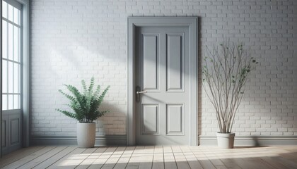 white brick wall, closed grey wooden door, light wooden floor, potted plant with branches
