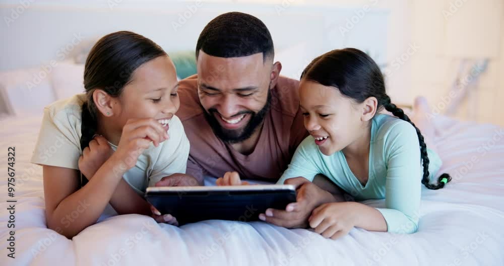 Sticker Kids, father and laugh with tablet on bed for elearning, download video games or reading ebook story at home. Happy, dad and girl children watching funny cartoon, meme or streaming digital multimedia