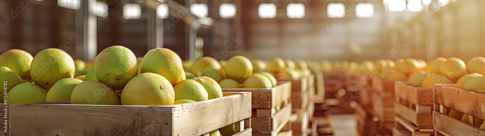 Wall mural pomelo citrus fruit harvested in wooden boxes in a warehouse. natural organic fruit abundance. healt