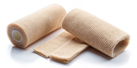 Close-Up of Two Rolled Beige Gauze Bandages, White Background, Medical Supplies, First Aid, Wound Care