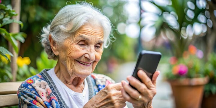 Elderly Woman Smiling at Smartphone in Garden, portrait, outdoor, technology ,elderly, smartphone - Powered by Adobe