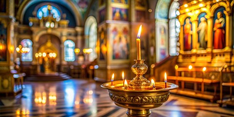 Obraz premium Golden Candelabra with Lit Candles in a Church Interior, candle, faith, worship