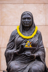 12-foot high statue of Queen Ahilya Bai made of chlorite schist, and weighing 35 tons, installed in...