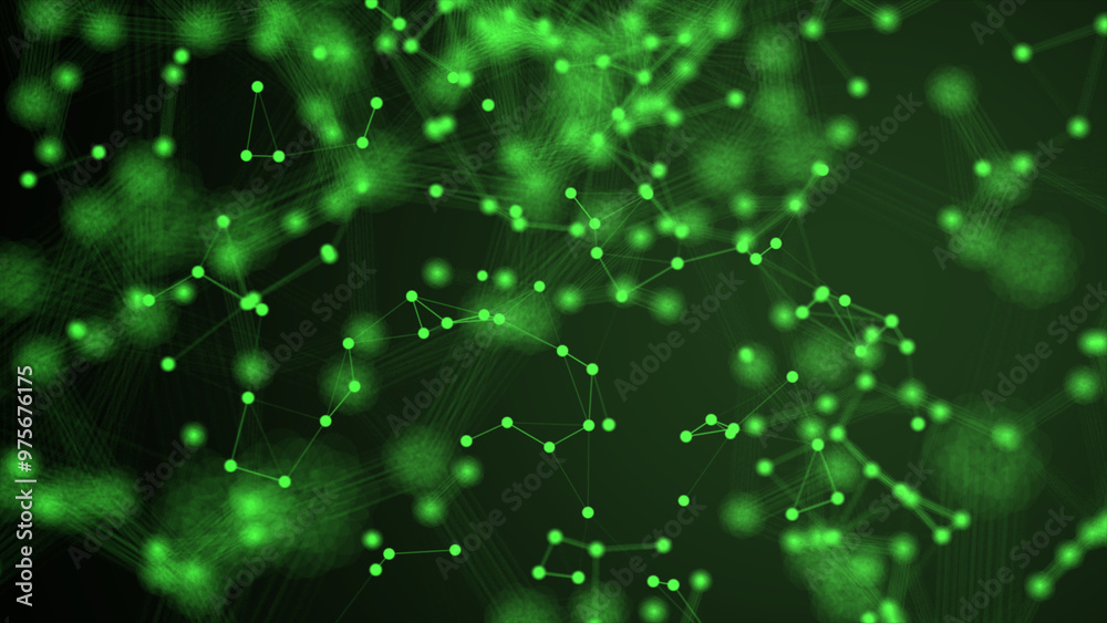Poster abstract plexus technology background with glowing green connecting lines and dots or nodes on white