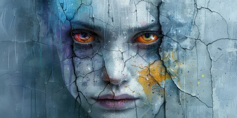 In an oil portrait, a woman's face is rendered with exaggerated features and bold colors, capturing a profound sense of emotion and inner conflict through striking brushstrokes.