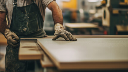 
Experienced craftsman cutting mdf board with careful attention to detail