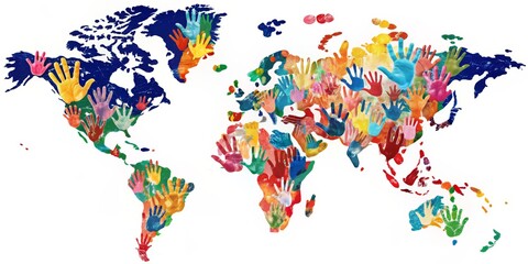 Fototapeta premium World Map Handprints, Unity, Diversity, Global Community
