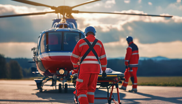Men in bright red orange jackets - paramedics - transporting person on stretchers into helicopter near, view from behind. Generative AI