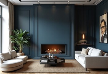 Fototapeta premium Art deco interior design of modern living room, home with fireplace and dark blue wall