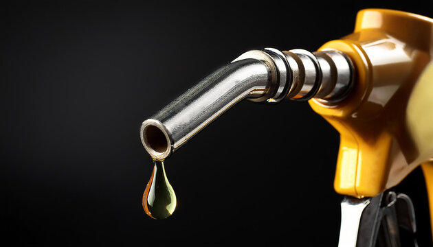 Fuel nozzle with dripping petroleum, dark backdrop.