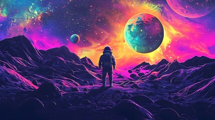 Obraz premium Vibrant Cosmic Landscape with Astronaut Exploring Colorful Planetary Worlds