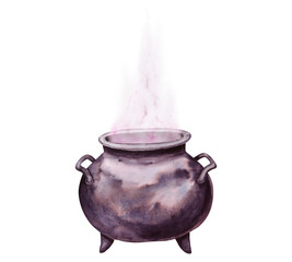 Black cast iron cauldron for brewing potions. Esoteric attribute of a witch, sorcerer, gypsy, fortune teller, psychic. Clipart for Halloween, Sabbath, theme party. Watercolor hand-drawn illustration