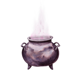 Black cast iron cauldron for brewing potions. Esoteric attribute of a witch, sorcerer, gypsy, fortune teller, psychic. Clipart for Halloween, Sabbath, theme party. Watercolor hand-drawn illustration