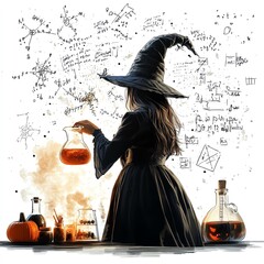 A witch brewing a potion with scientific formulas floating around, Halloween theme, science nerds, isolated on white background