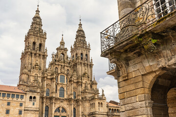 Medieval buildings next to the cathedral of Santiago de Compostela in the Plaza del Obradoiro, Galicia.