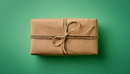 Small package or parcel in brown craft paper tied with jute rope. Eco-friendly. Green backdrop.