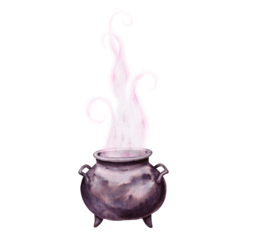 Black cast iron cauldron for brewing potions. Esoteric attribute of a witch, sorcerer, gypsy, fortune teller, psychic. Clipart for Halloween, Sabbath, theme party. Watercolor hand-drawn illustration