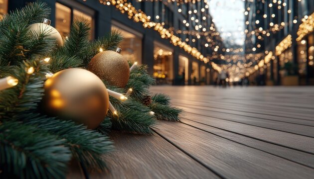 Festive Holiday Shopping Street with Vibrant Storefronts Decorated with Lights, Wreaths, and Festive Sales Signs, Perfect for Christmas, Hanukkah, New Year's, and Winter Holiday Retail Marketing - Powered by Adobe