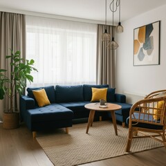 Fototapeta premium a cozy modern living room with navy blue sectional sofa, wooden coffee table, indoor plant, sheer curtains, abstract art on the wall, rattan accent chair with yellow throw pillows, hardwood floors, pe