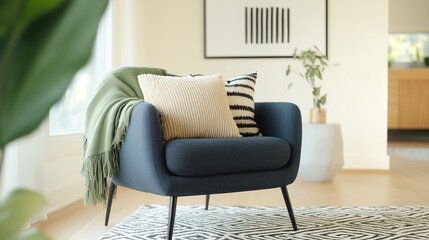 living room scene with a navy blue accent chair, a plush sage green throw, and a geometric patterned area rug