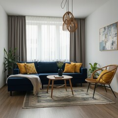 Fototapeta premium a cozy modern living room with navy blue sectional sofa, wooden coffee table, indoor plant, sheer curtains, abstract art on the wall, rattan accent chair with yellow throw pillows, hardwood floors, pe