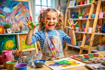 Joyful Child Painting in Colorful Art Studio with Creative Expressions