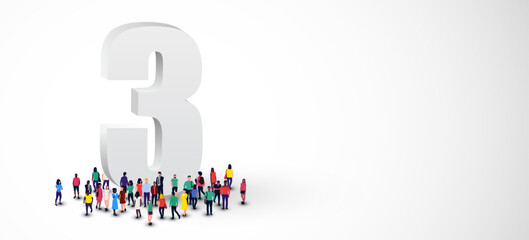 Large group of people stands around the number 3.
